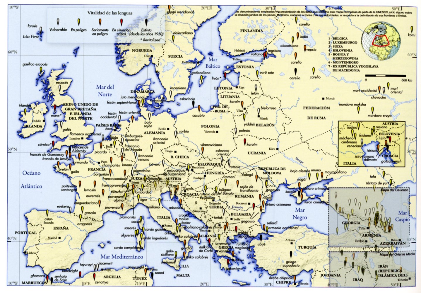 Mapa de las lenguas en peligro de Europa. Del Atlas de las lenguas del mundo en peligro, 2ª edición, París, UNESCO, 2010. p.25
